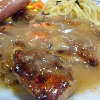 Chicken chop with frankfurters, mashed potato