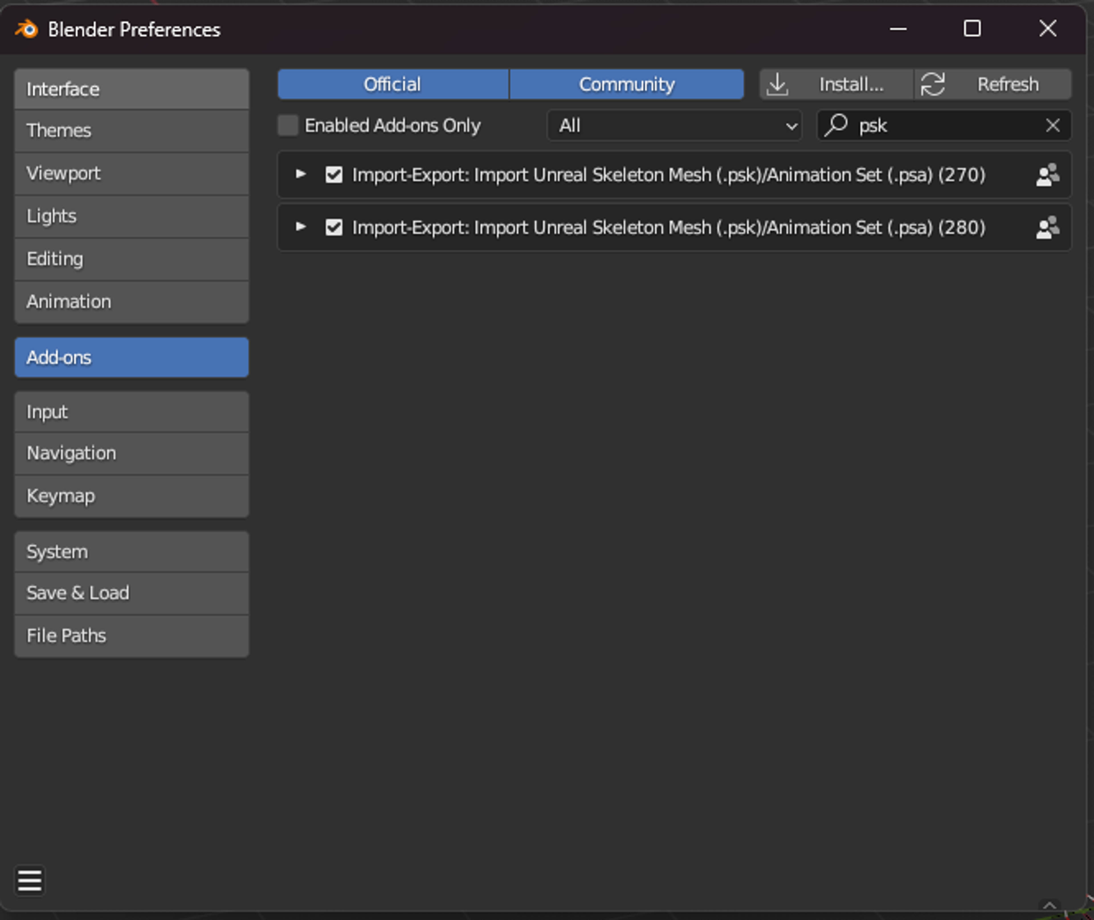 Blender 3.6 with psa / psk plugins 