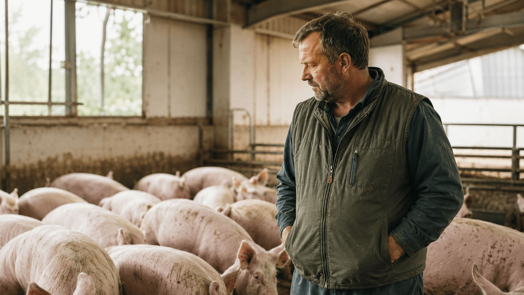 Griseproducent står i grisestald og ser bekymret ud