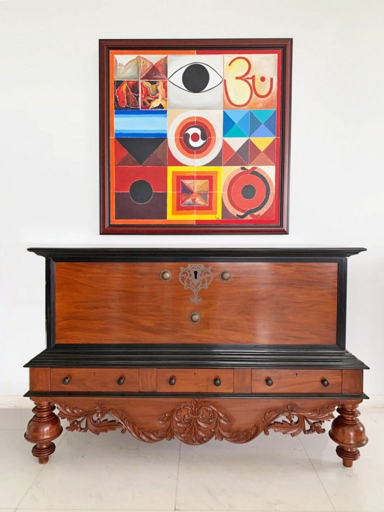 Antiques and Masters of Indian Art - Mahogany Chest and R.H. Raza Painting - The Past Perfect Collection - Singapore