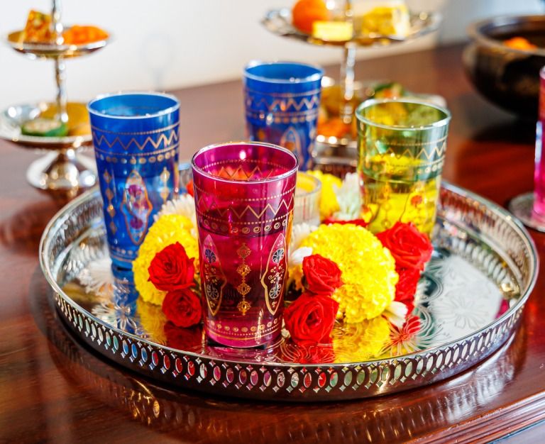 Beautiful Diwali Décor Ideas - Cartouche Glasses on Mandalay Serving Tray - Good Earth -The Past Perfect Collection - Singapore