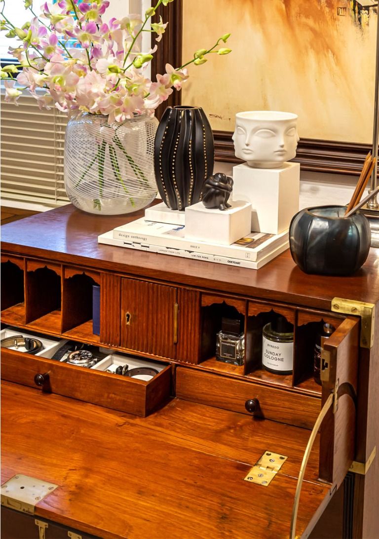Camphor Secretaire Chest of Drawers gracing an elegant hall way -The Past Perfect Collection -Singapore.