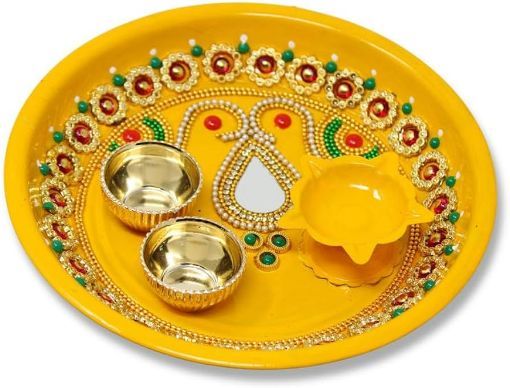 Picture of POOJA THALI FANCY CH2 YELLOW BOX MEDUM ( S2)