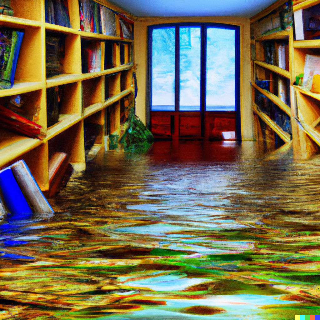 a stream flooding a library. digital art