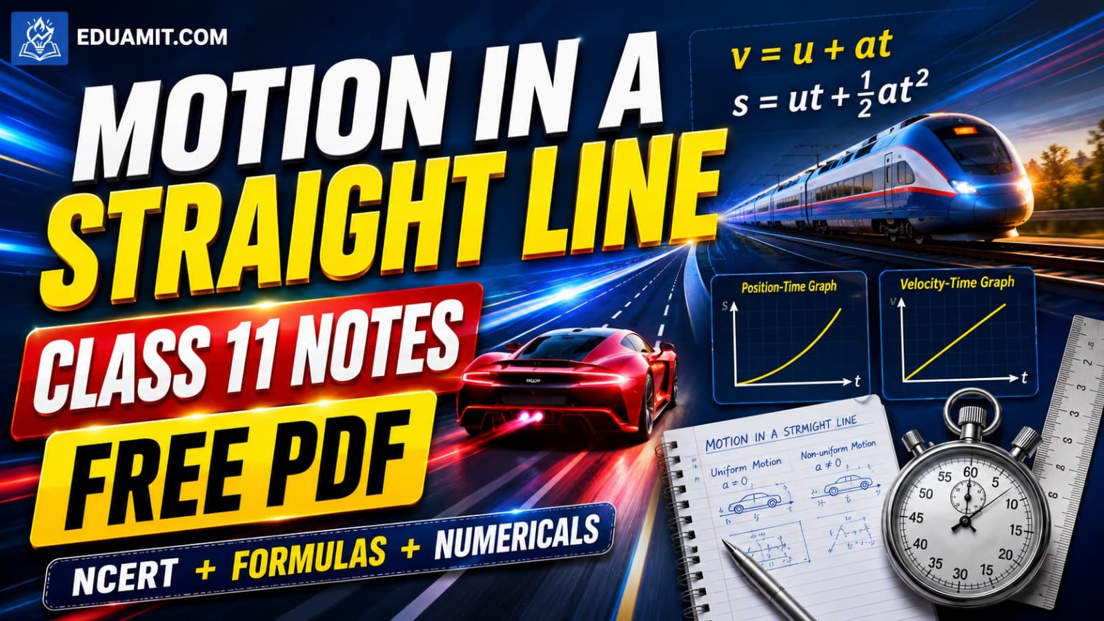 Motion in a Straight Line Class 11 Notes — Formulas, NCERT Solutions & Handwritten PDF