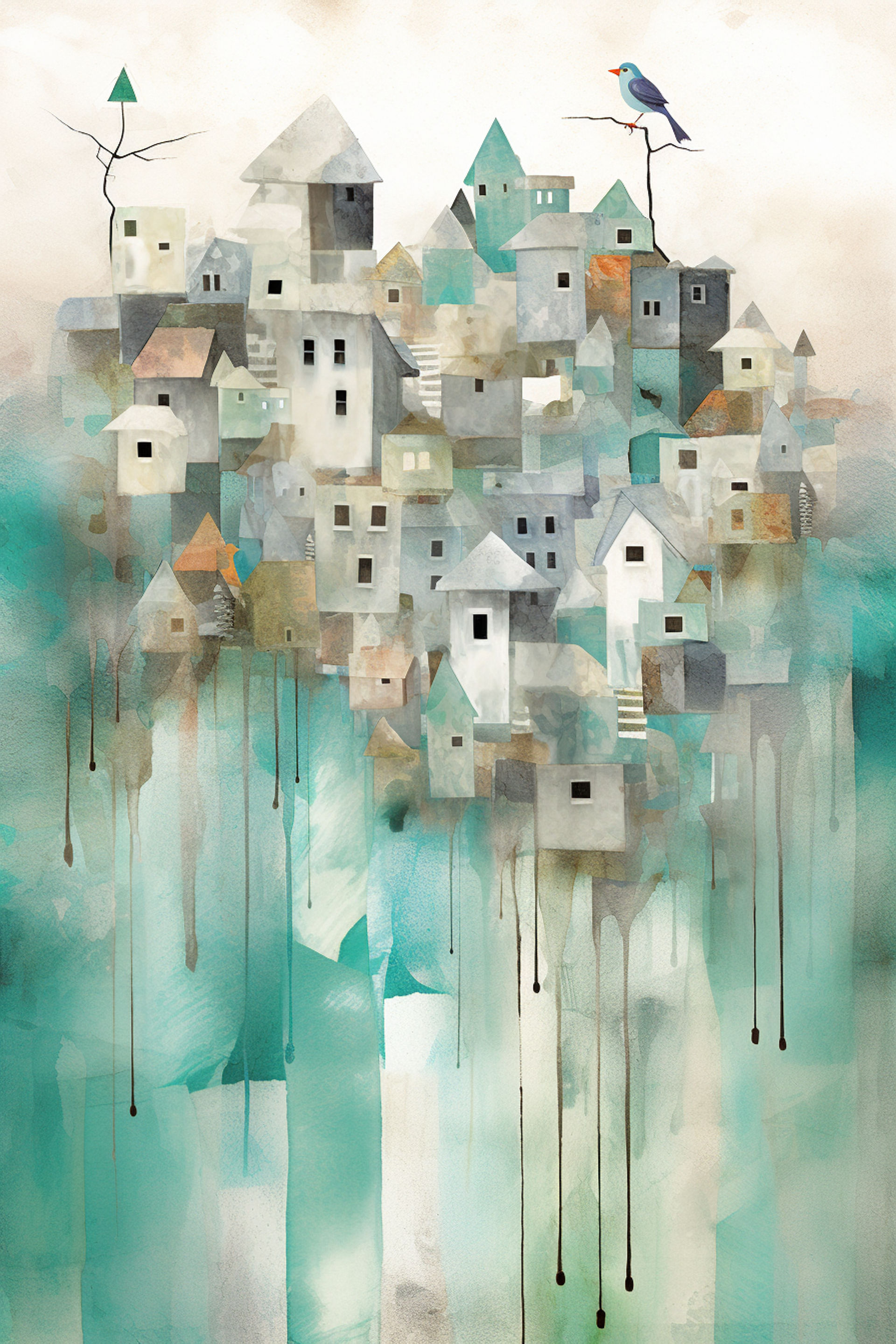 Soft and Dreamy Art Paper Painting with Birds and Houses