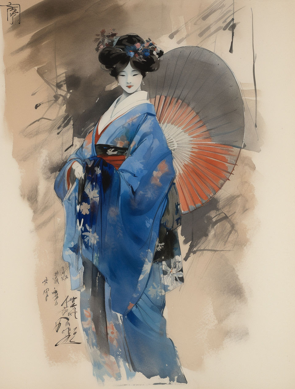 Japanese Geisha in Blue Kimono with Fan: An Illustrative Pen-and-Ink ...