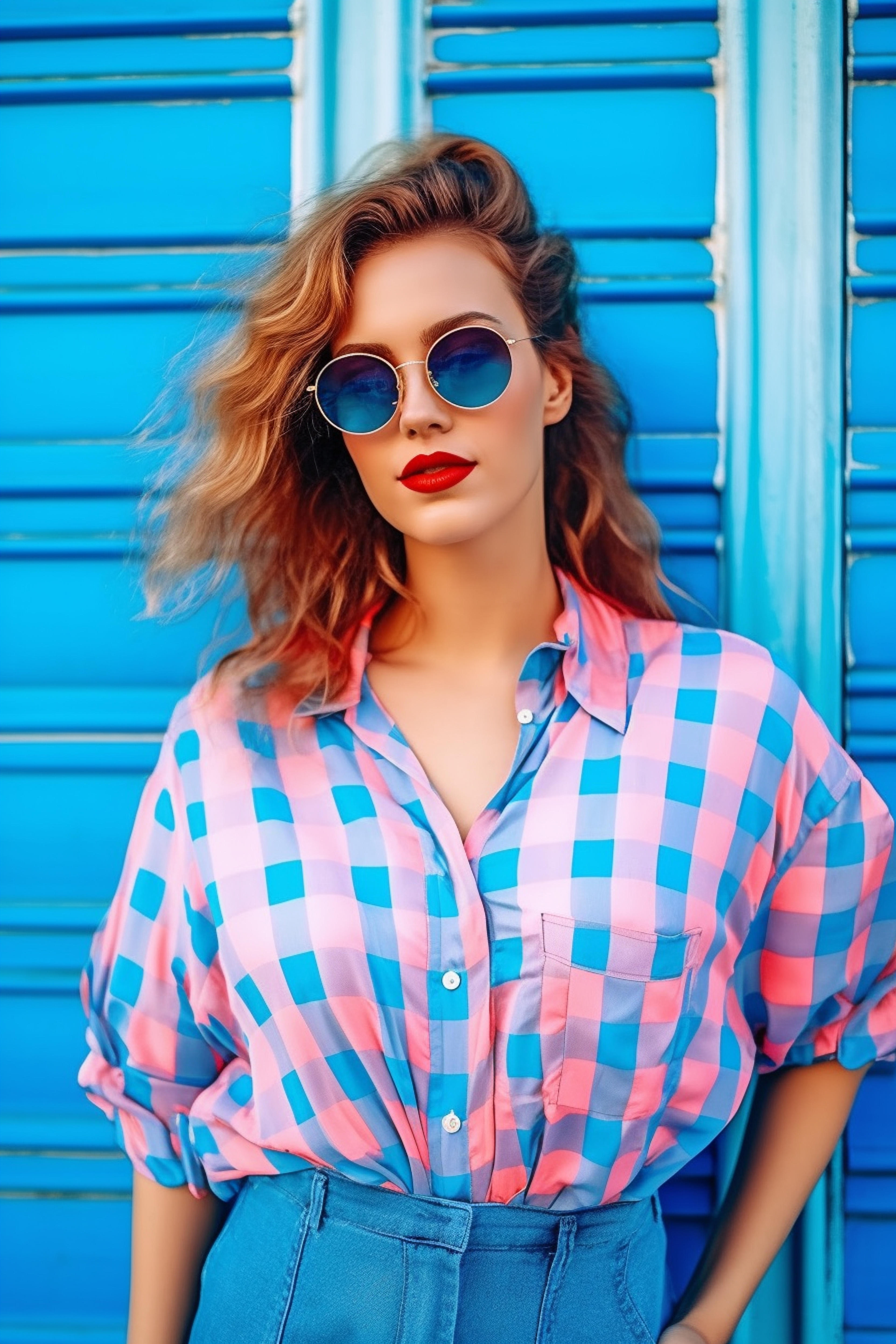 Young Woman with 80s Style Fashion Leaning Against Blue Tiled Wall