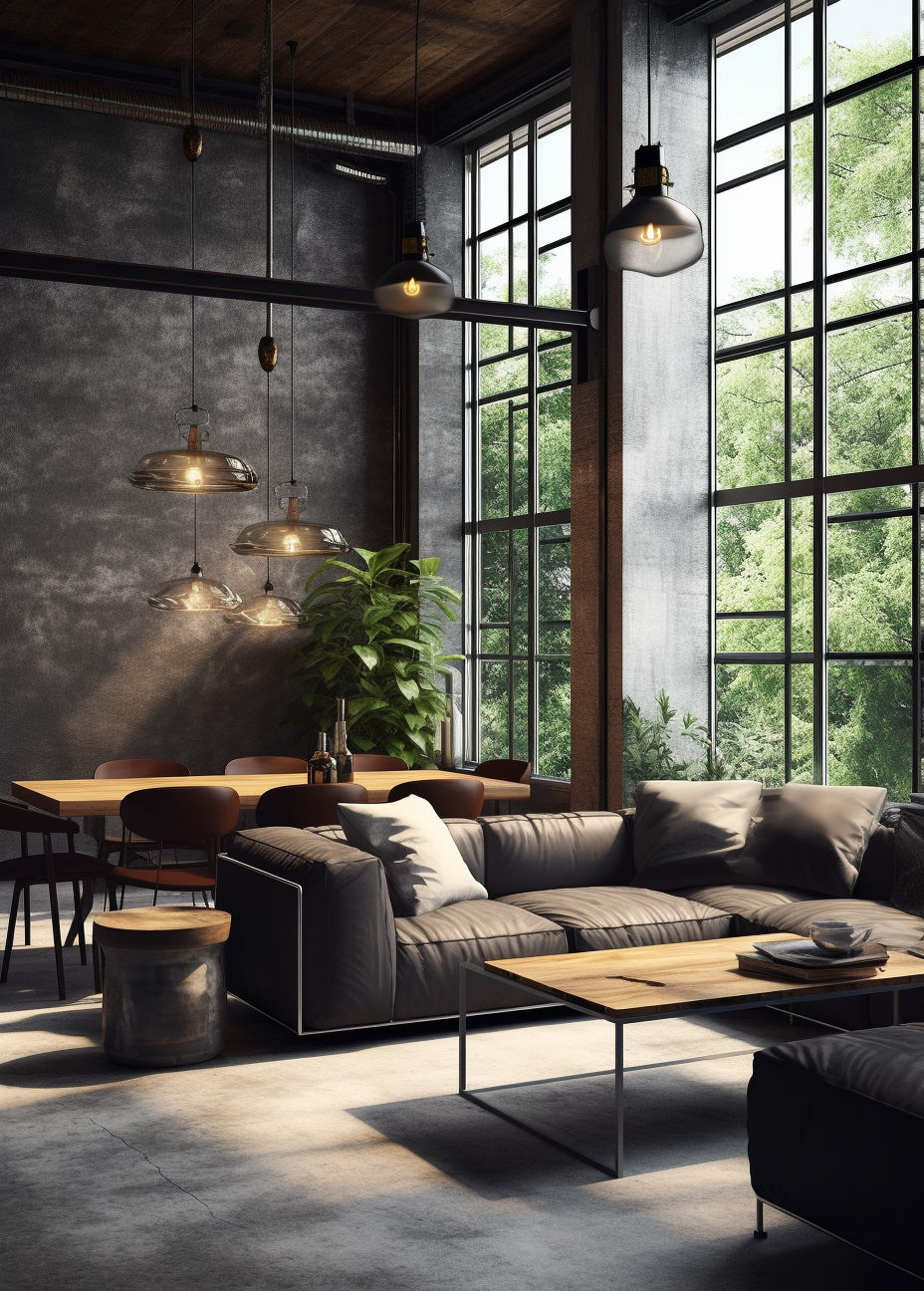 Living Room with Industrial Urban Style Sofa and Dining Table | Free AI ...