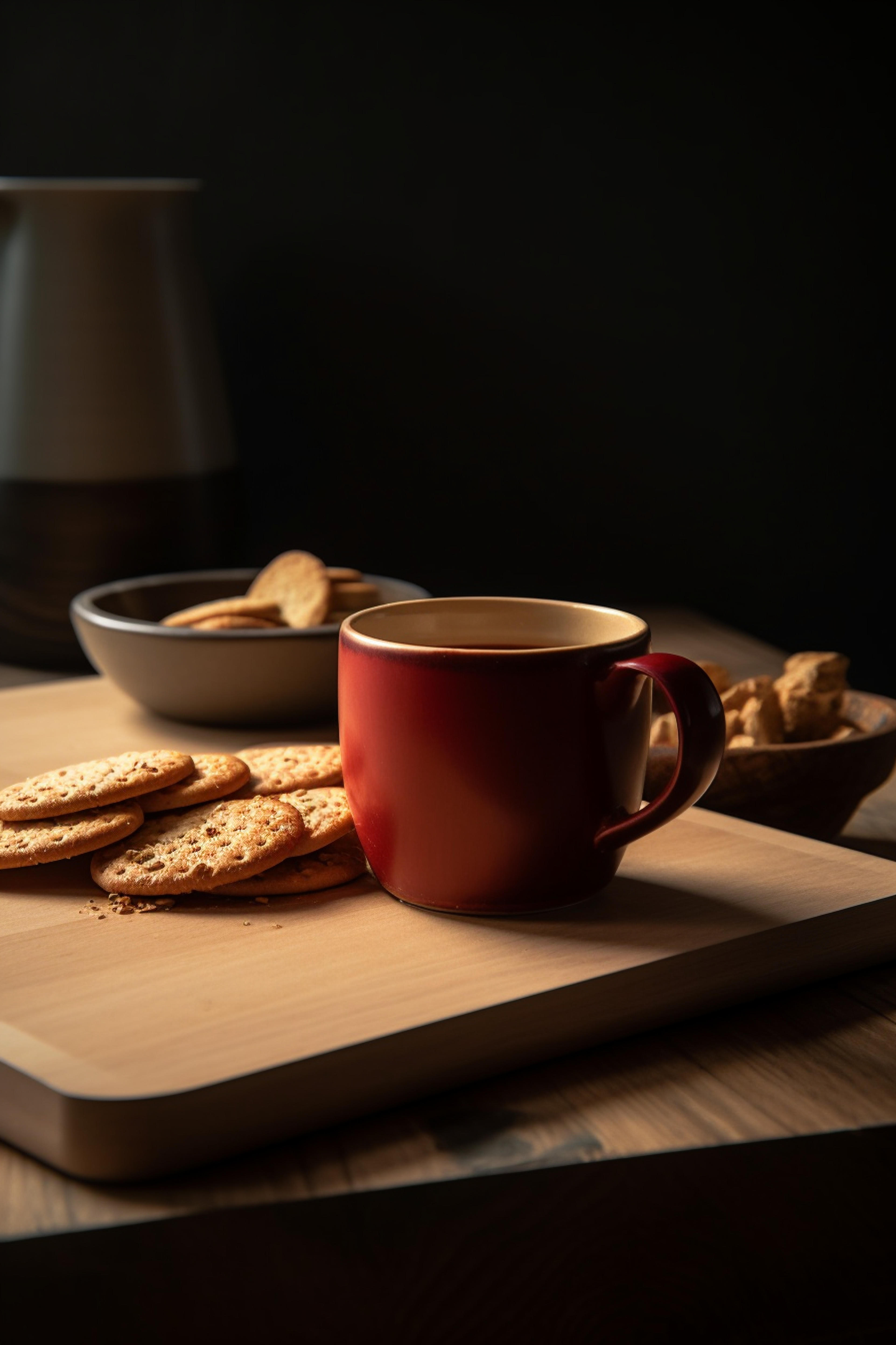 Lo-fi Aesthetic: A Cup of Tea with Crackers and Bread on a Natural Fiber  Board