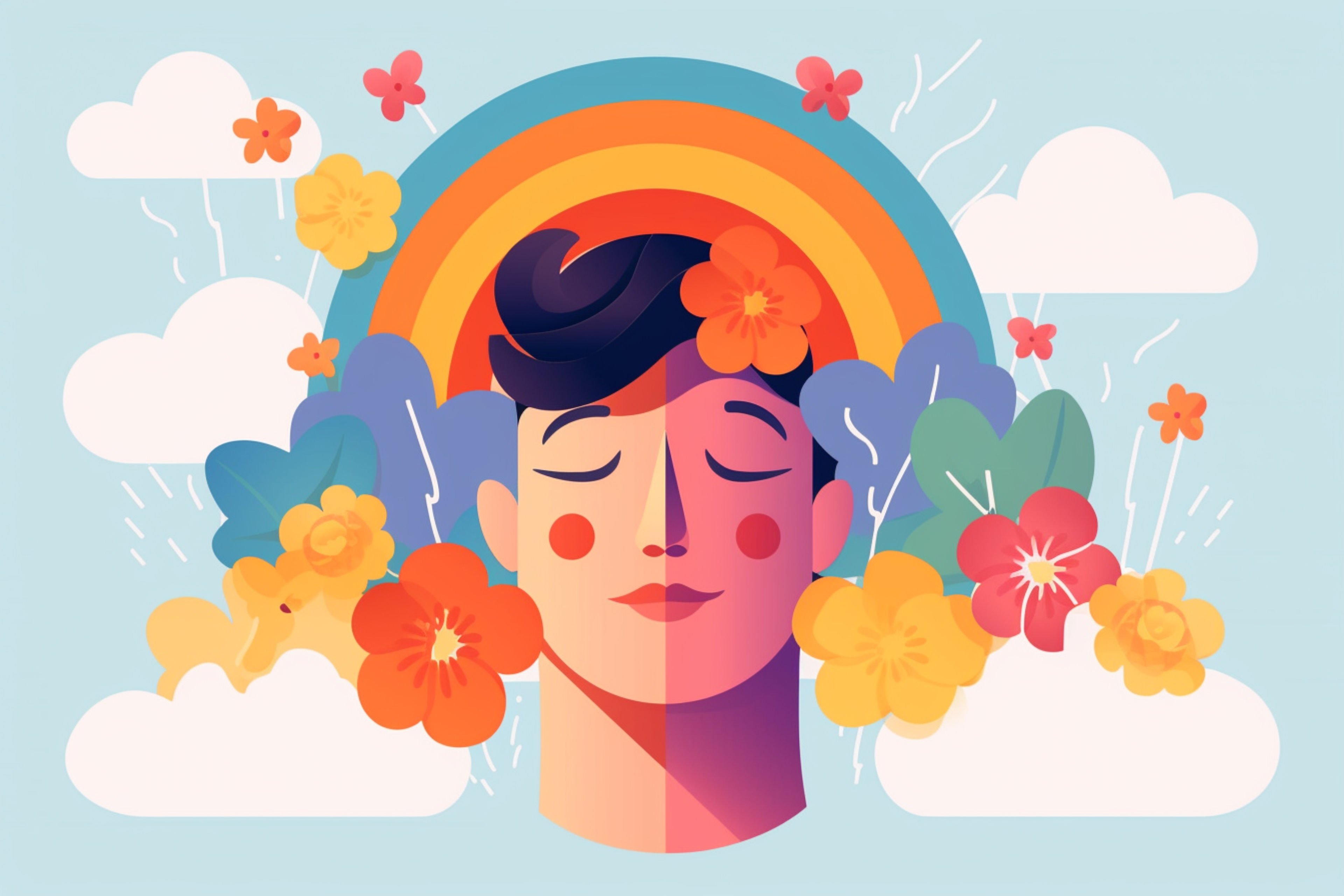 Man with Flowers on His Face Cartoon Illustration | Free AI Art Prompts