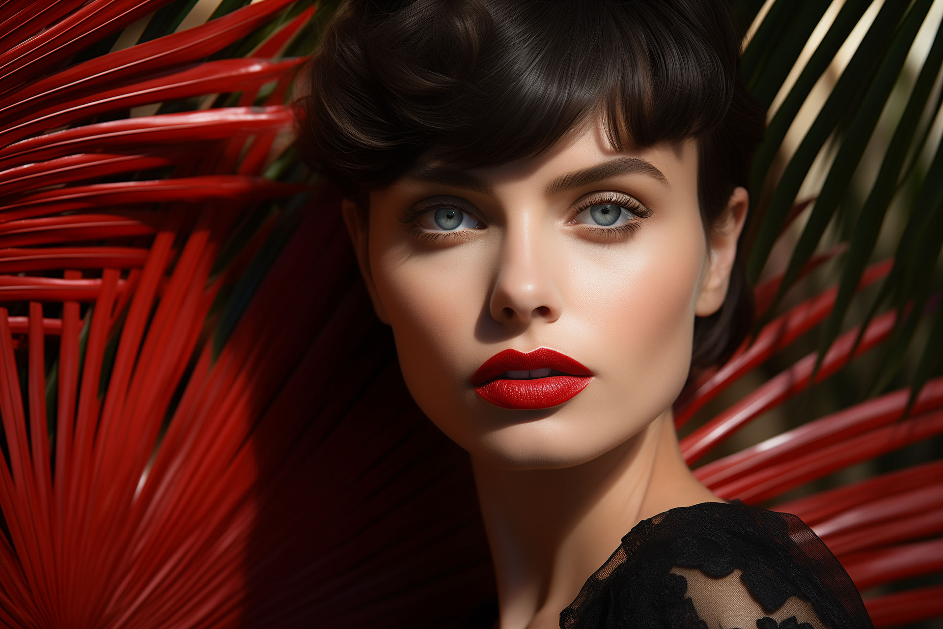Woman Wearing Black Dress and Red Lipstick in a Palm Leaf | Free AI Art ...