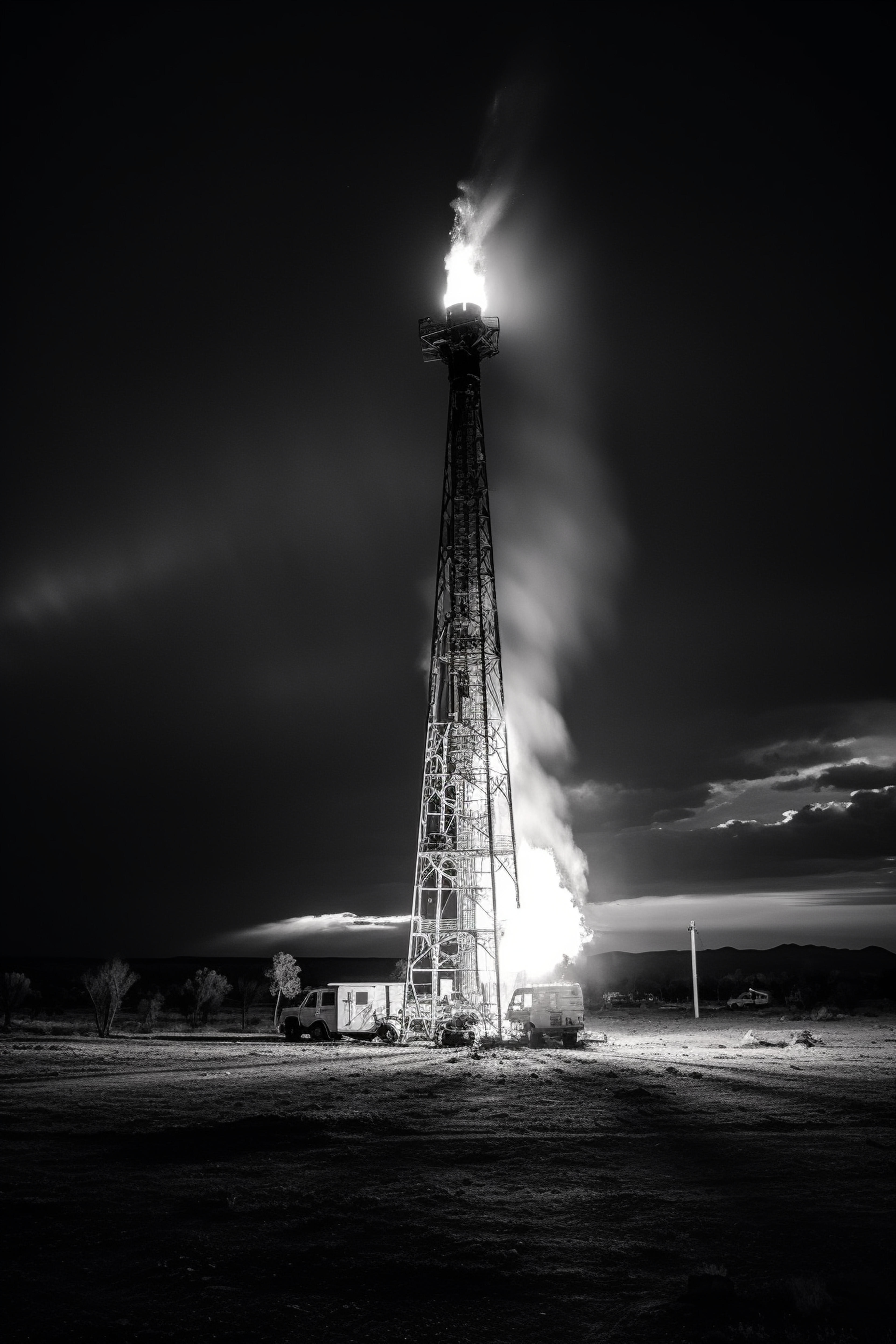 photo of oil well with flare, black and white photo, panoramic photo, in the style of ultrafine detail, high quality photo