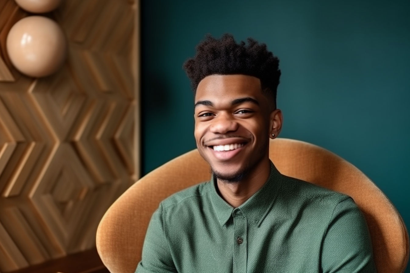 Young Black Man Smiling in a Zen-Inspired Sitting Room | Free AI Art ...