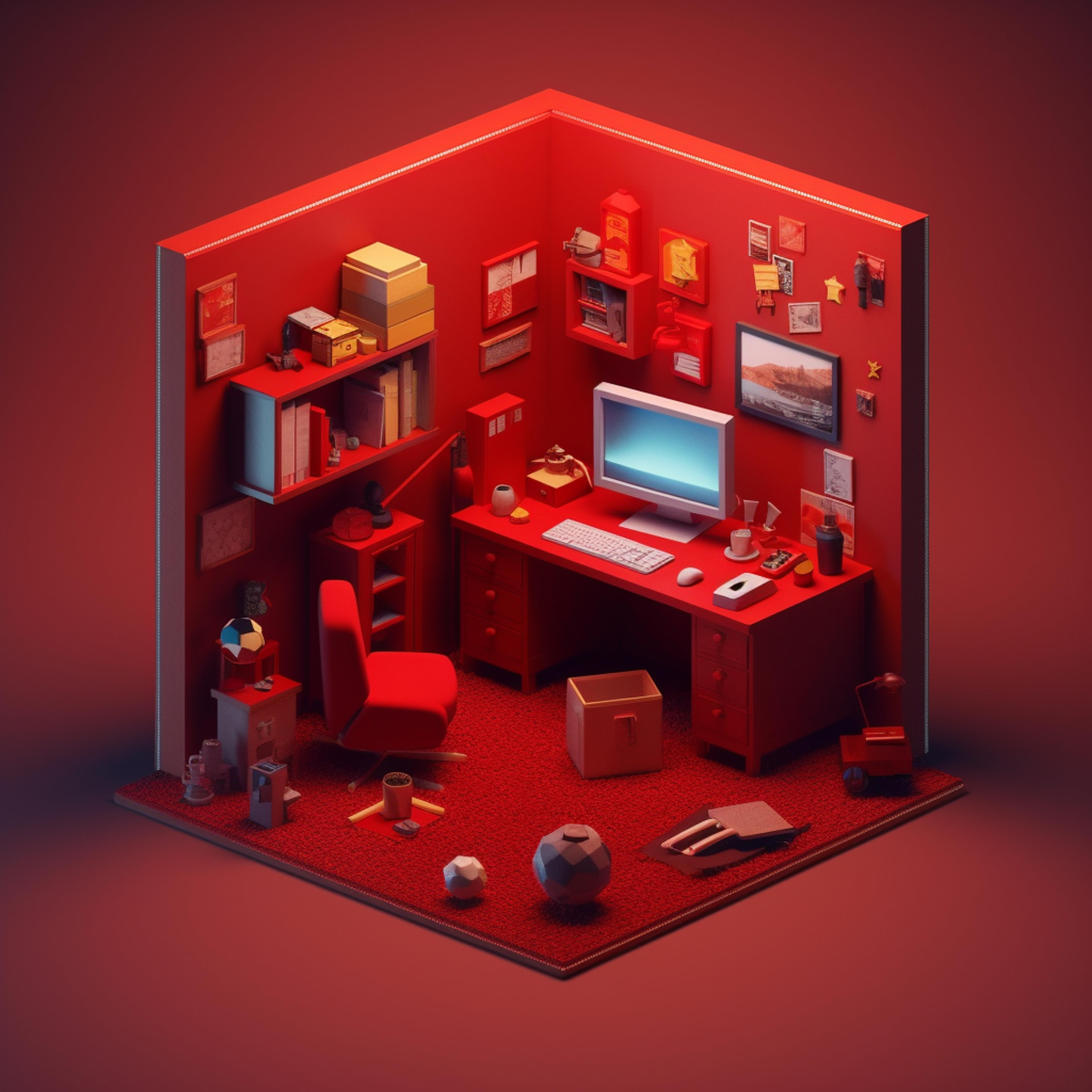Hyperrealistic Voxel Art Illustration of a Red Home Office with Minimalist  Backgrounds