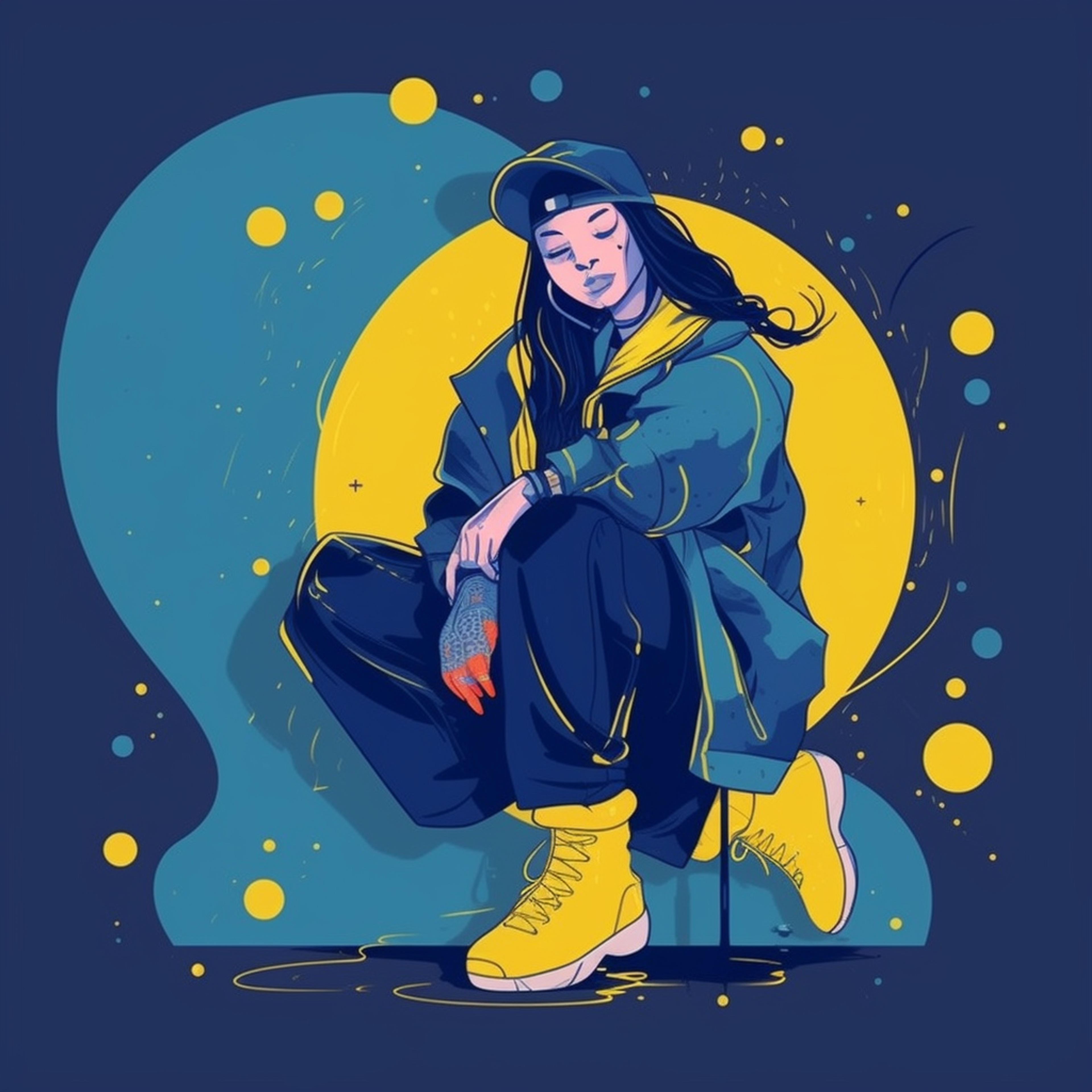 An illustration of a woman sitting in a jacket, playing music, in the style of rap aesthetics, dark azure and yellow, joyful and optimistic, fluid and loose, long distance and deep distance, cute and colorful, bulbous