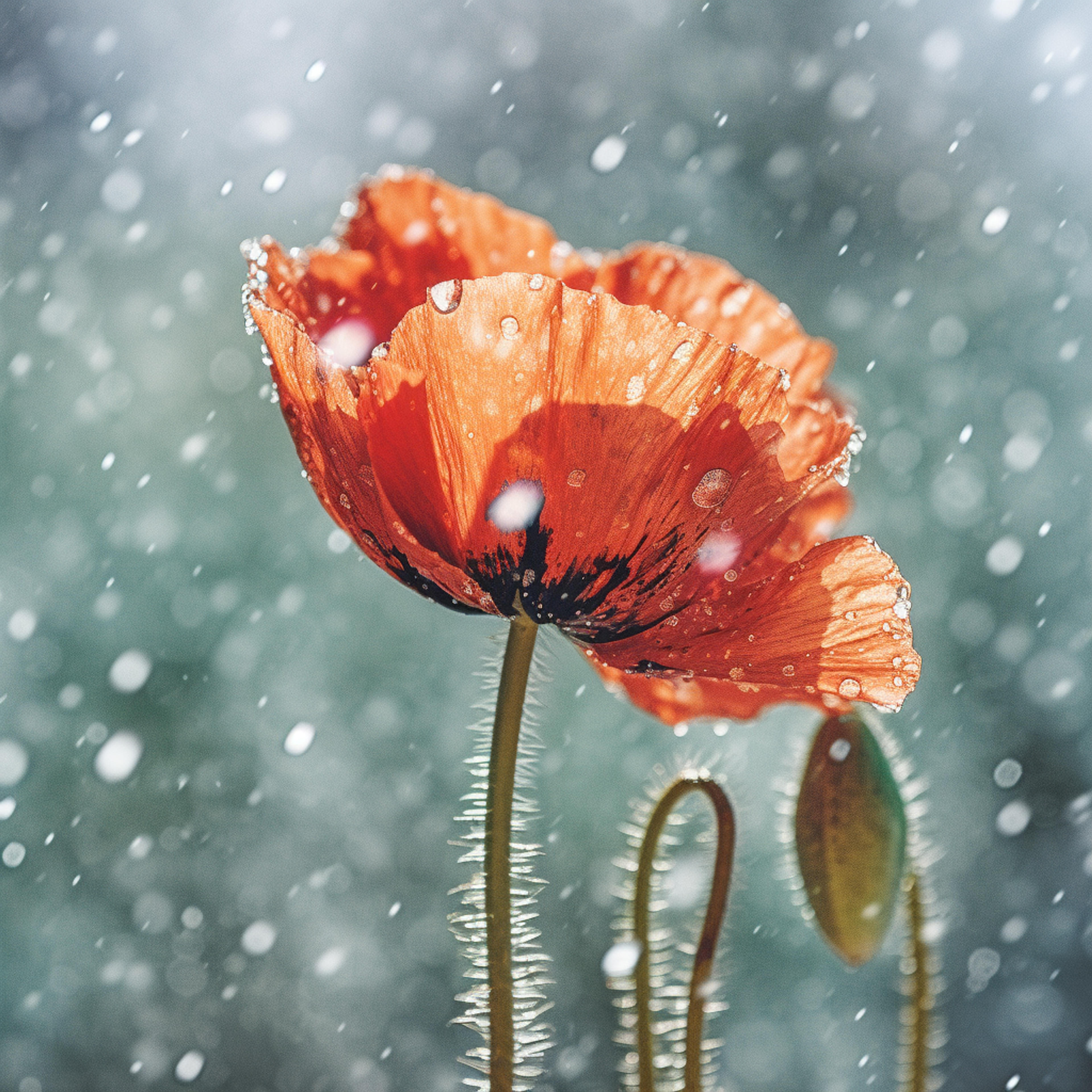 Red Poppies Flower with Snowy Snow Flakes