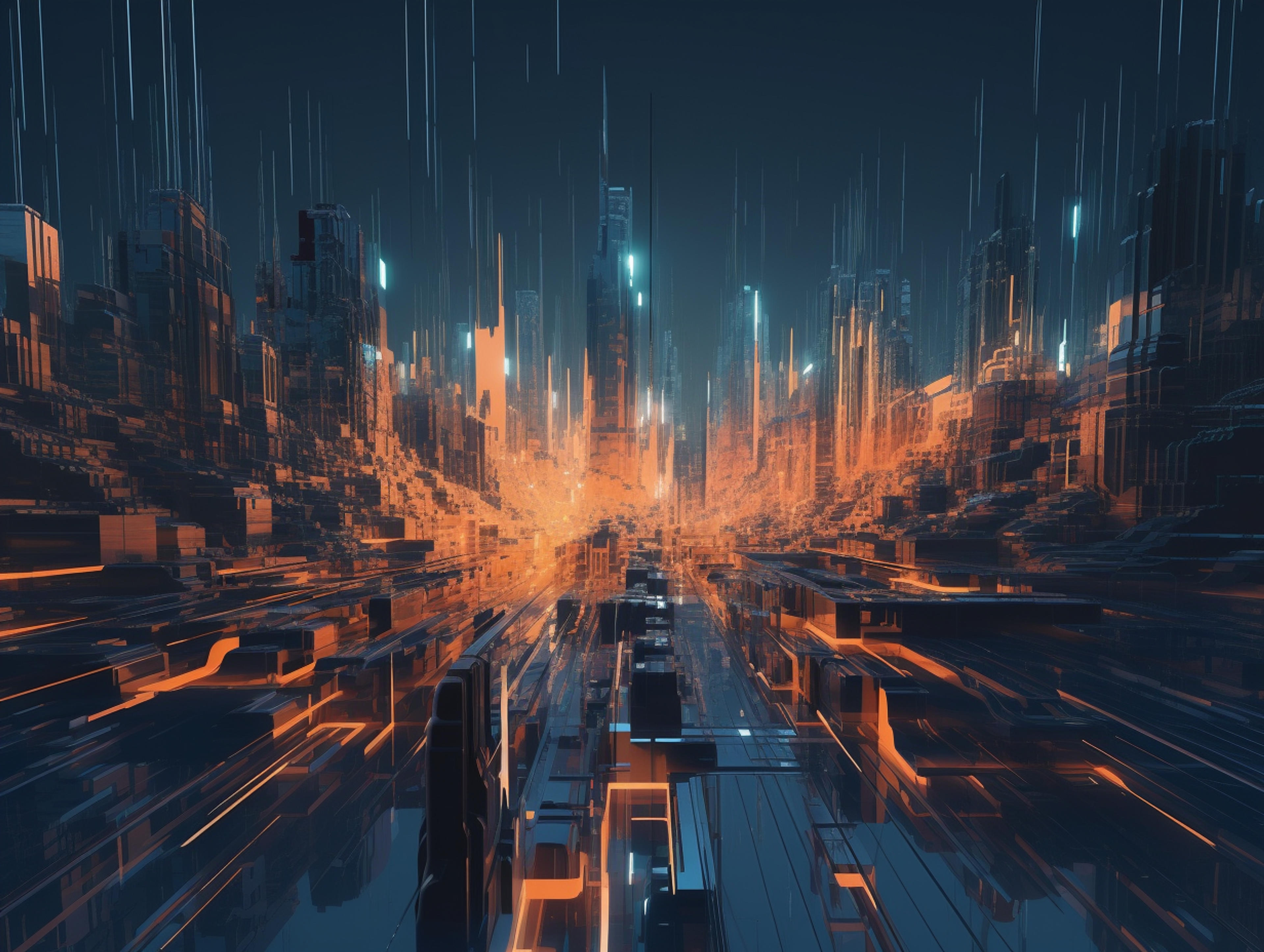 Beautiful Cyberpunk Cityscape with a sunset, Glitchy Animation style, Cyberpunk  Wallpaper/Background, Stock Illustration