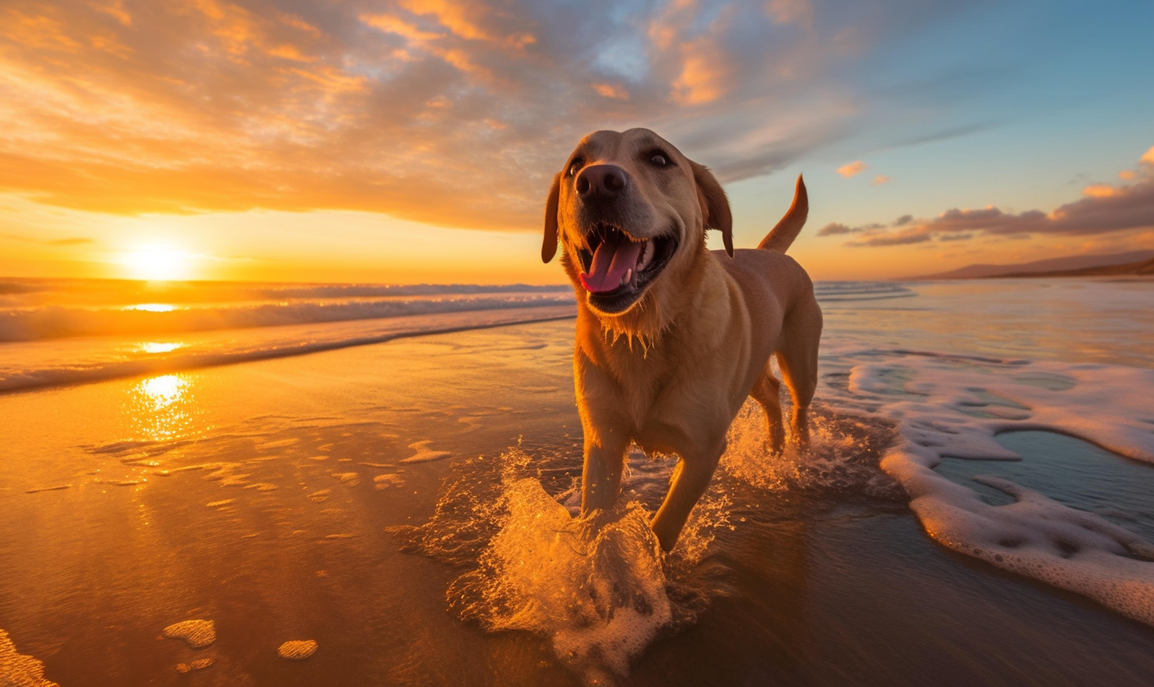 Picture a serene beach at sunset, where a playful Labrador Retriever bounds through the crashing waves. Describe the excitement and freedom in its movements as it enjoys the salty breeze and sandy shore