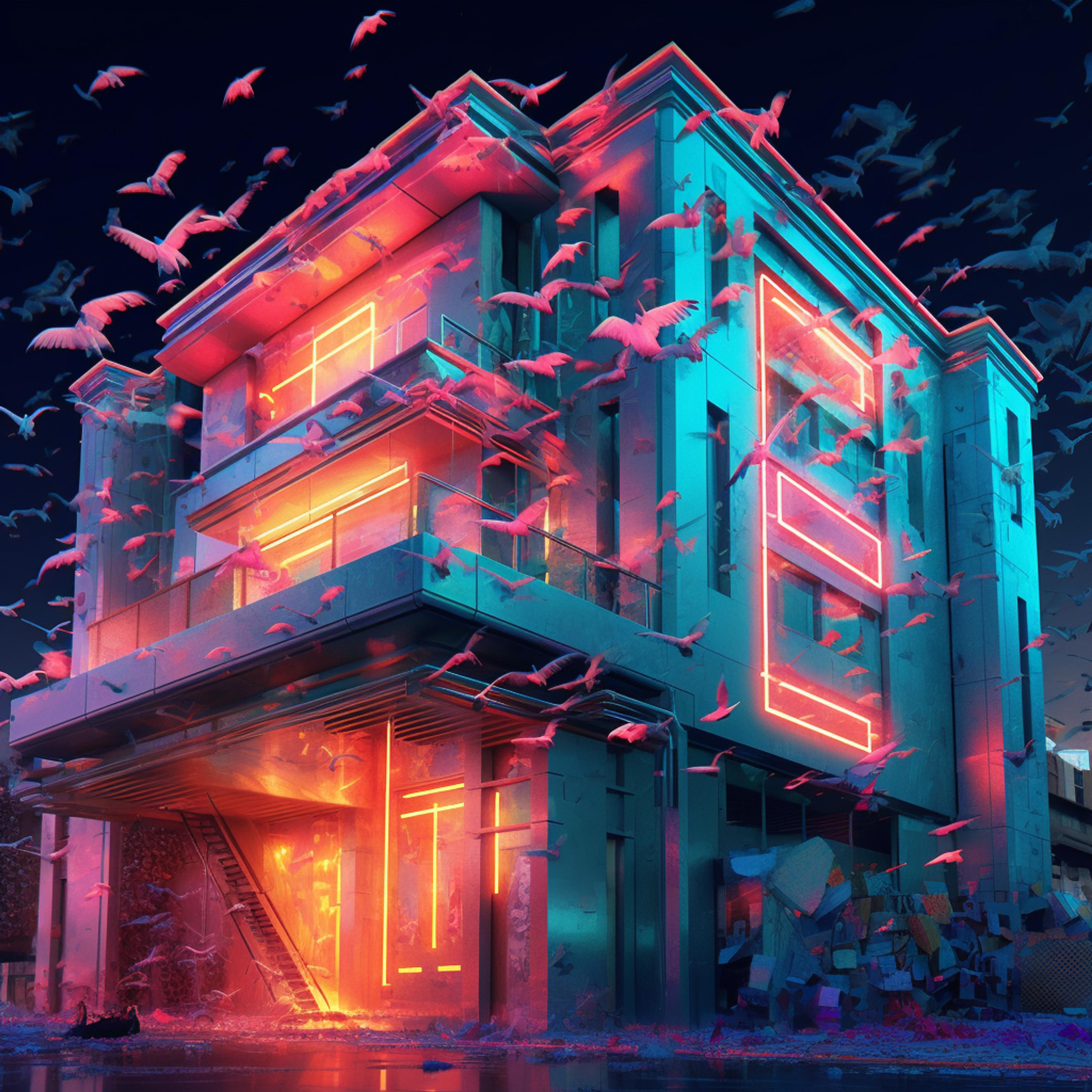 Freeflo - Flock Digital Art with Dreamlike Architecture and Neon Paint