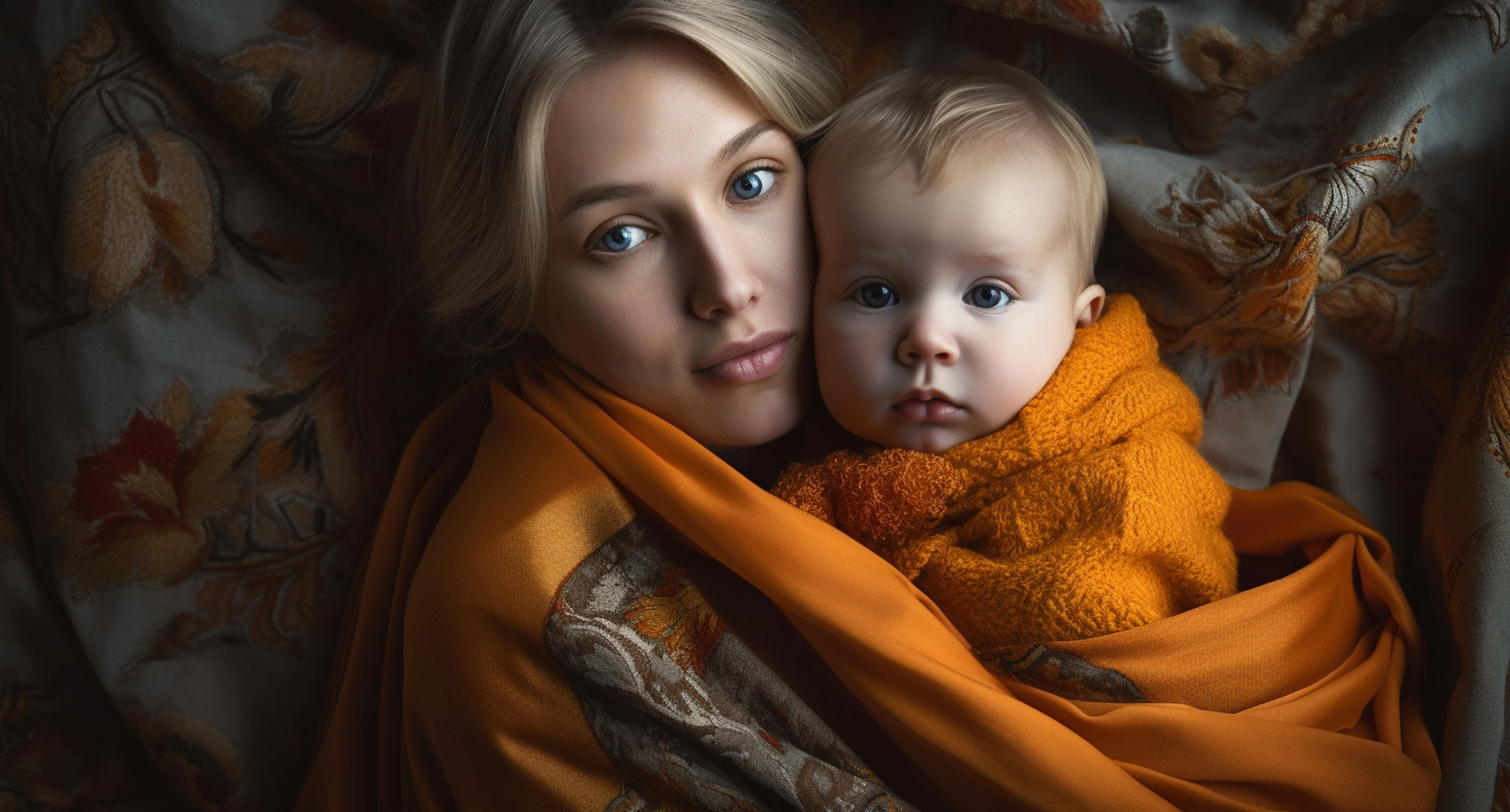 Hyperealistic Photograph of Happy Mother and Baby on Bed by Irina Svoboda