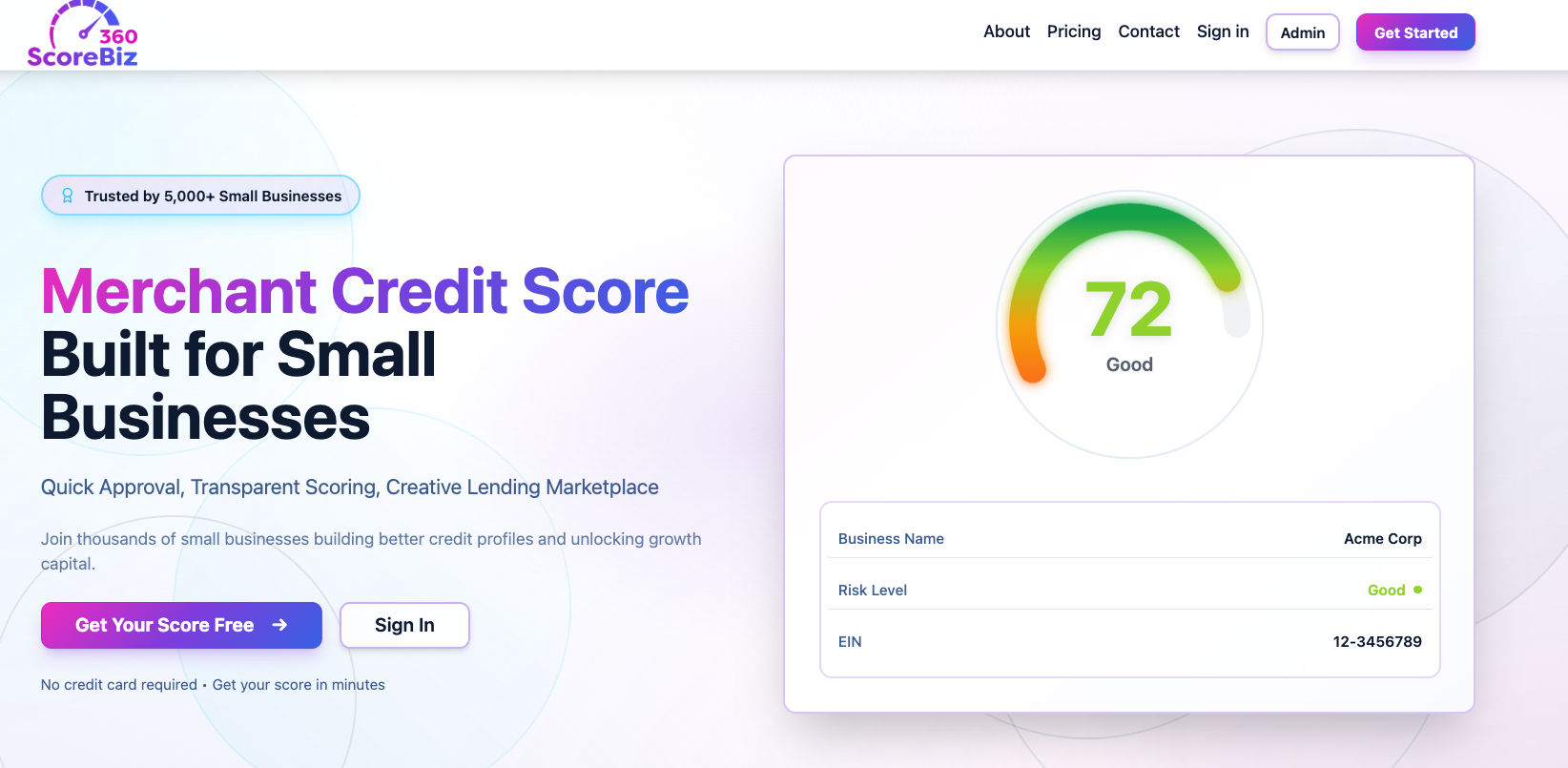 ScoreBiz 360 merchant credit scoring platform dashboard interface