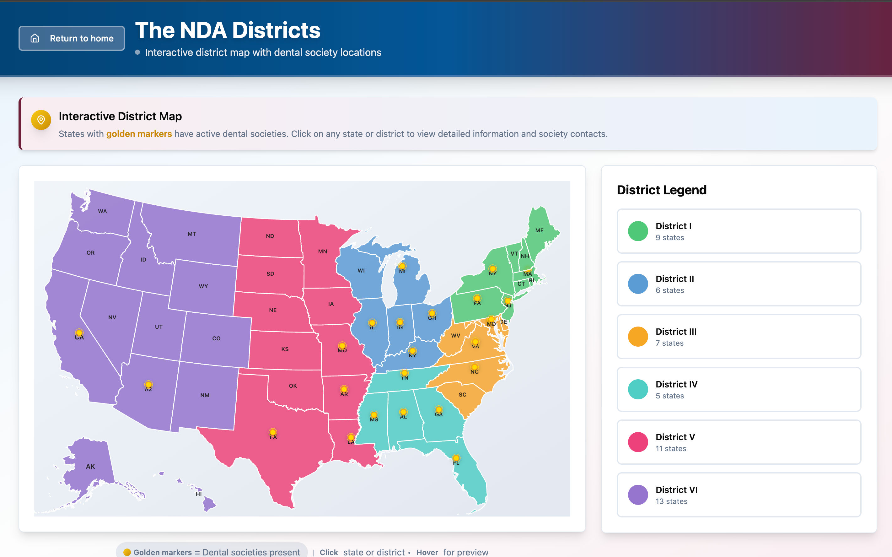 NDA Districts Map - Interactive US map showing dental practice locations