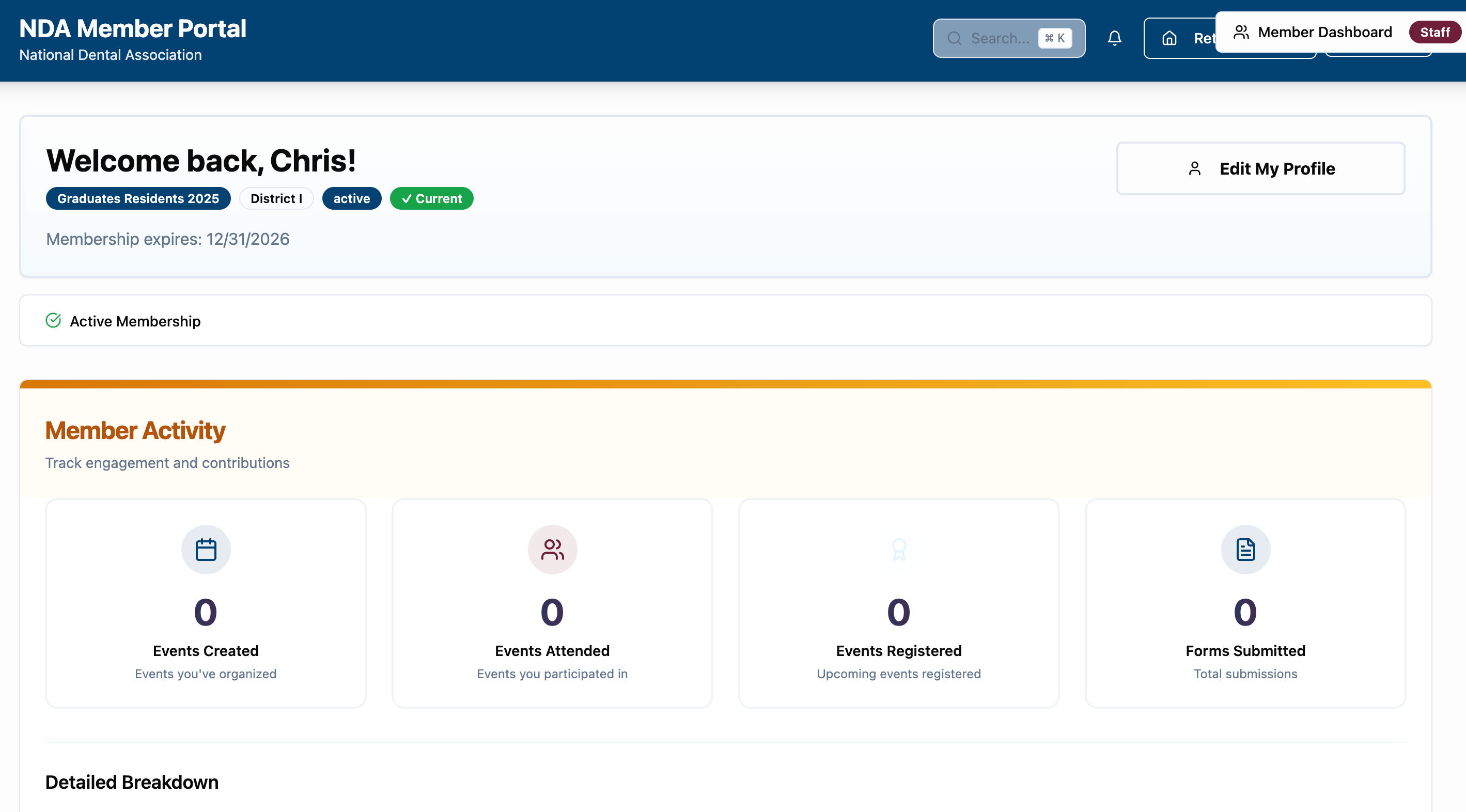 NDA Member Dashboard - AI-powered member platform interface
