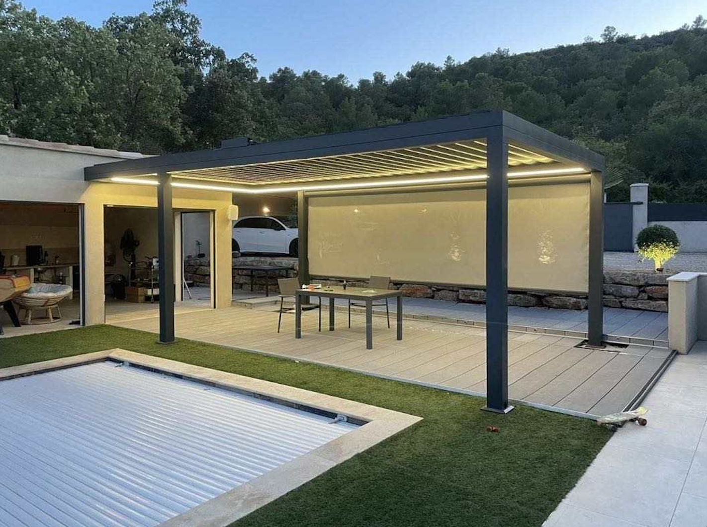 Professional pergola installation showcasing smart louver system