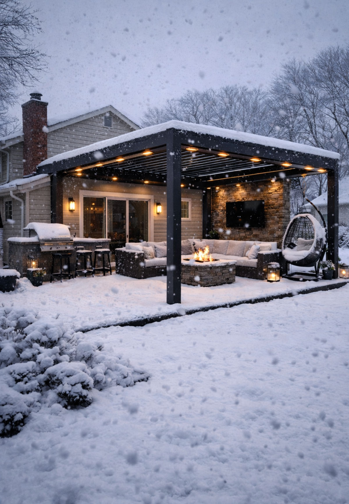 Manual pergola providing shade over outdoor dining area