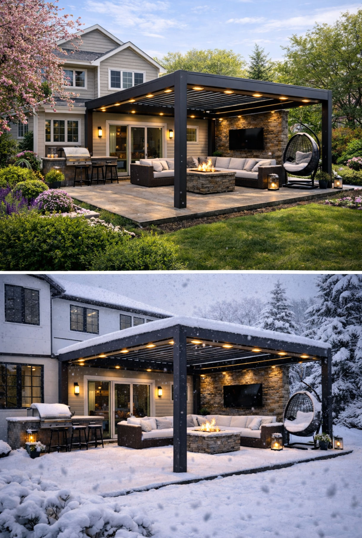 Luxury aluminum pergola with integrated LED lighting at sunset