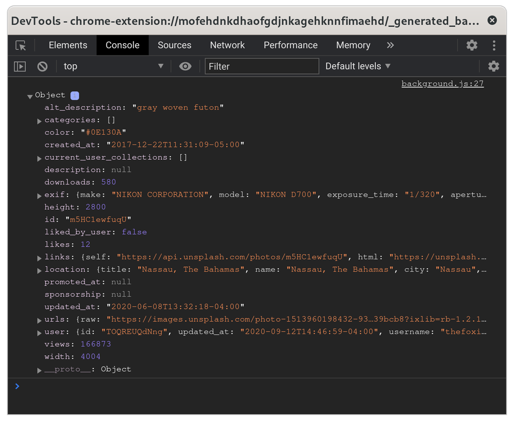 JSON response from Unsplash in Chrome console