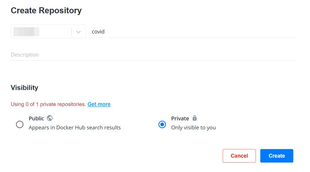 Screenshot of Docker hub create repo page