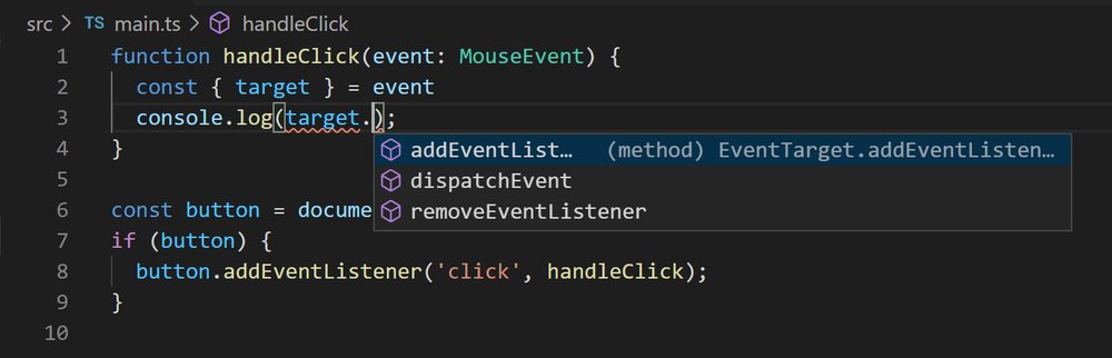 VS Code showing autocompletion options for EventTarget type