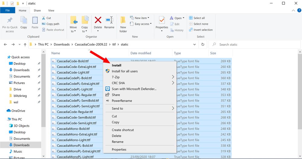 Windows explorer showing Cascadia font installation