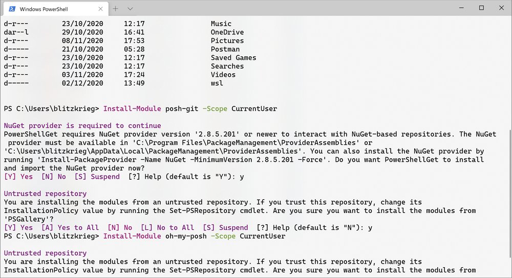 Windows terminal showing PowerShell and Oh-My-Posh installation