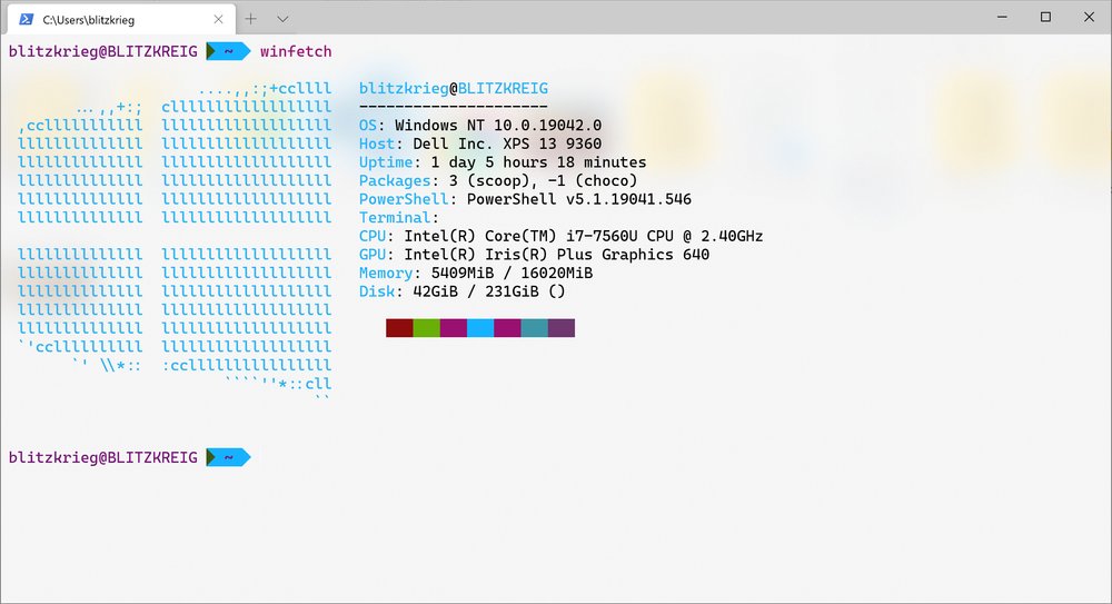 Windows terminal showing powershell on powershell and Winfetch