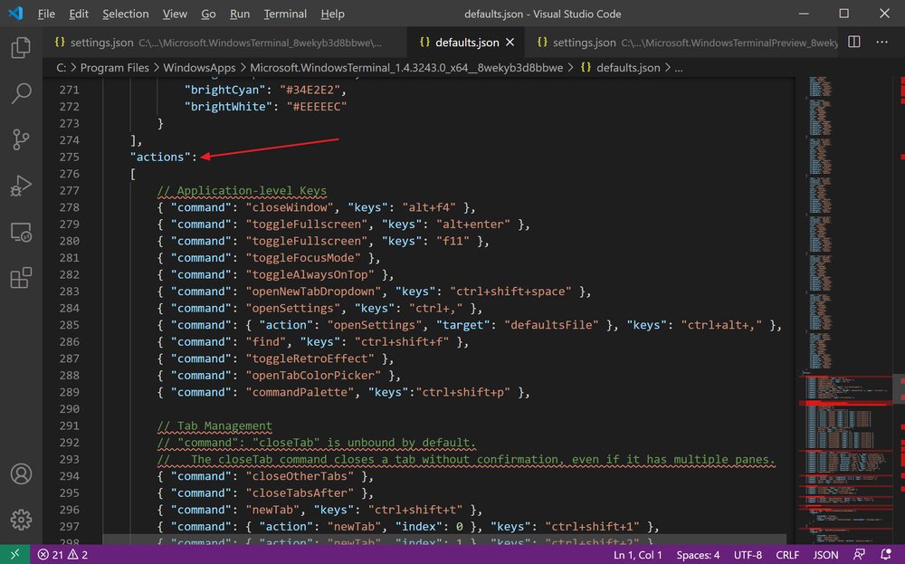 Visual Studio Code showing defaults.json file with the actions property highlighted