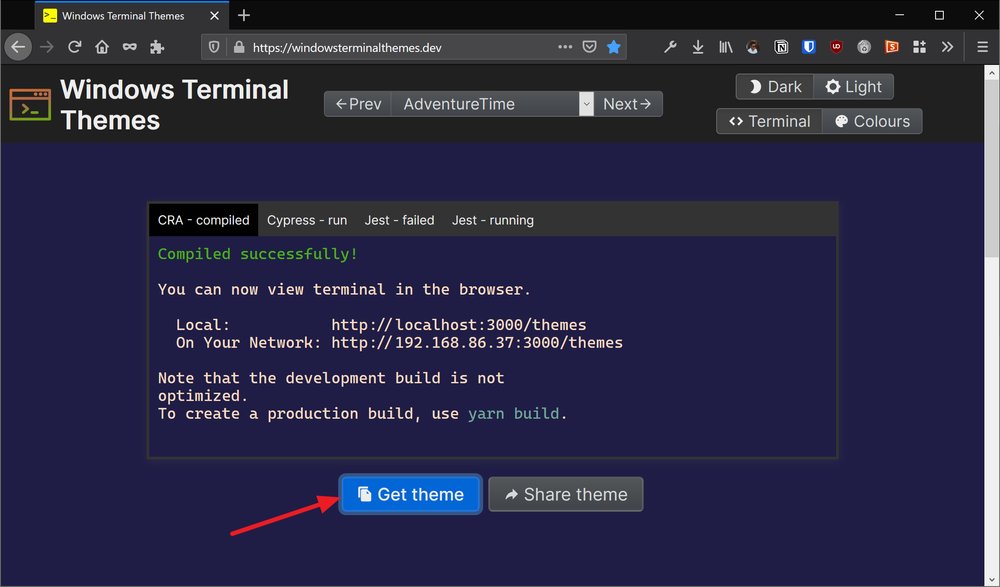 Firefox showing Windows Terminal Themes website