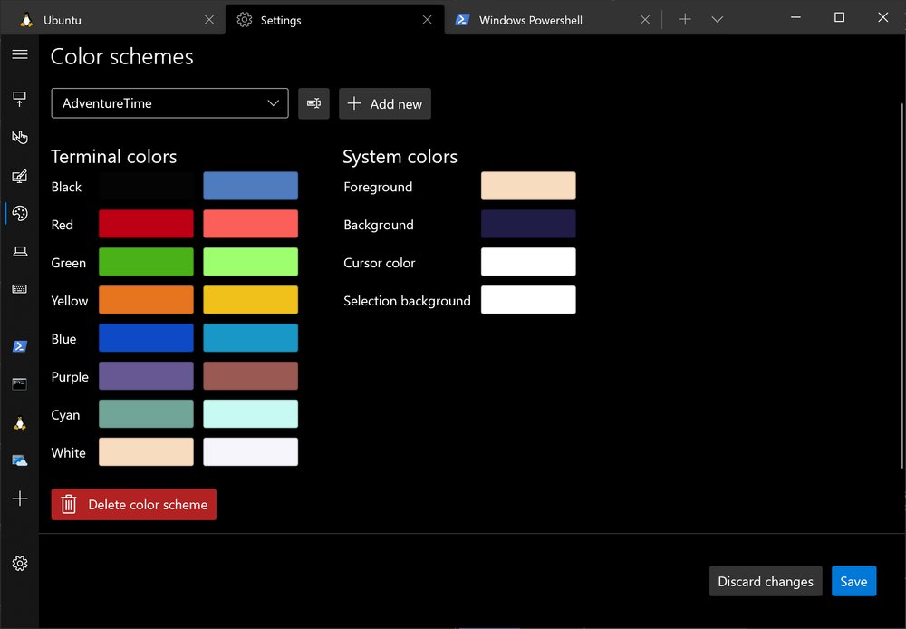 Windows terminal showing colour schemes menu