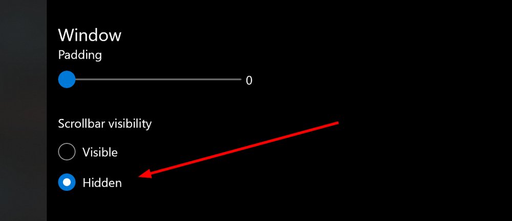 Windows terminal settings UI showing scrollbar setting