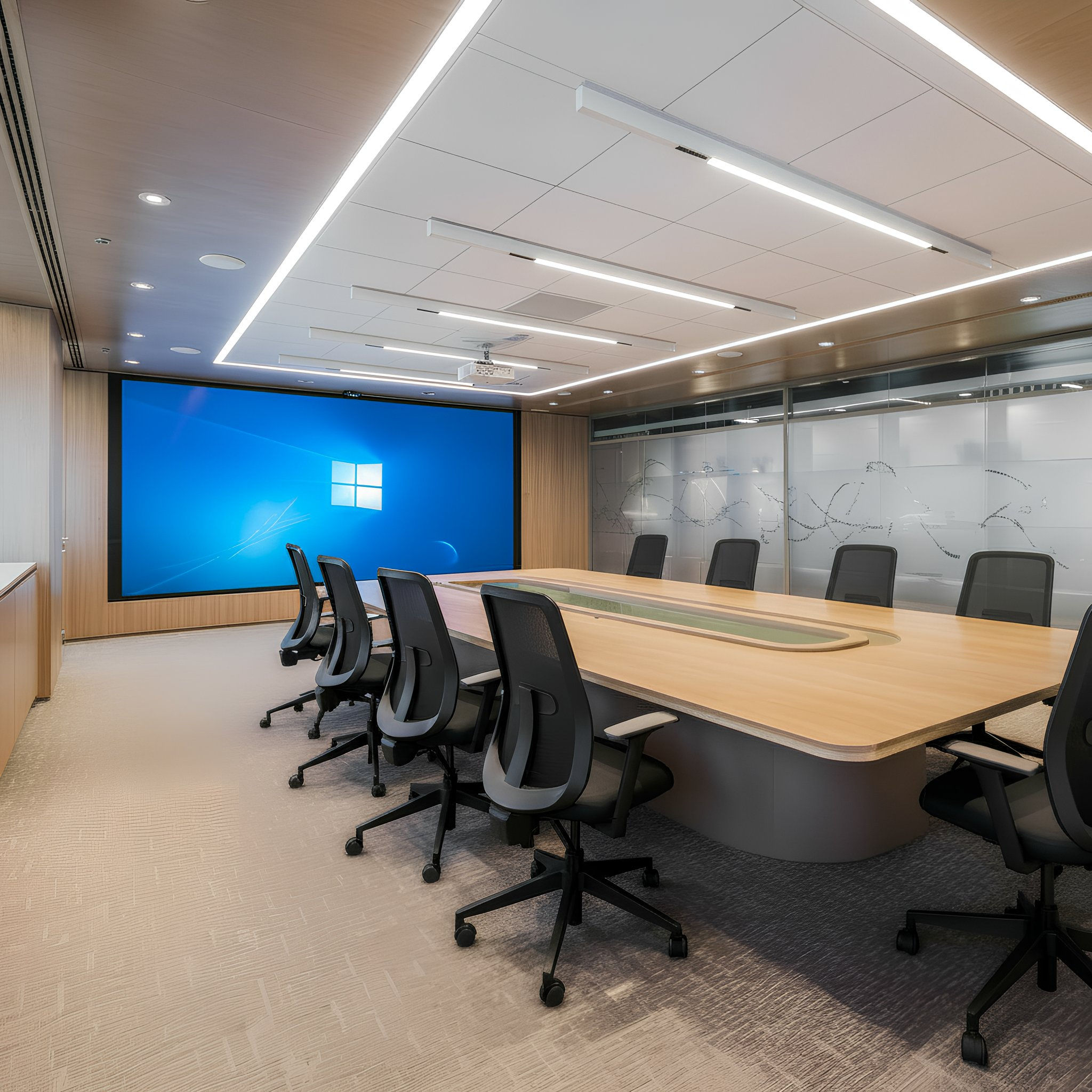 Tela LED em sala de reuniões corporativa