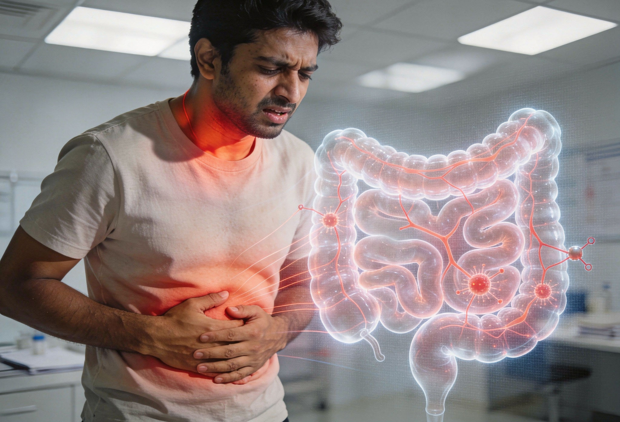 Adult experiencing bloating and flushing due to histamine intolerance with gut illustration overlay..jpeg