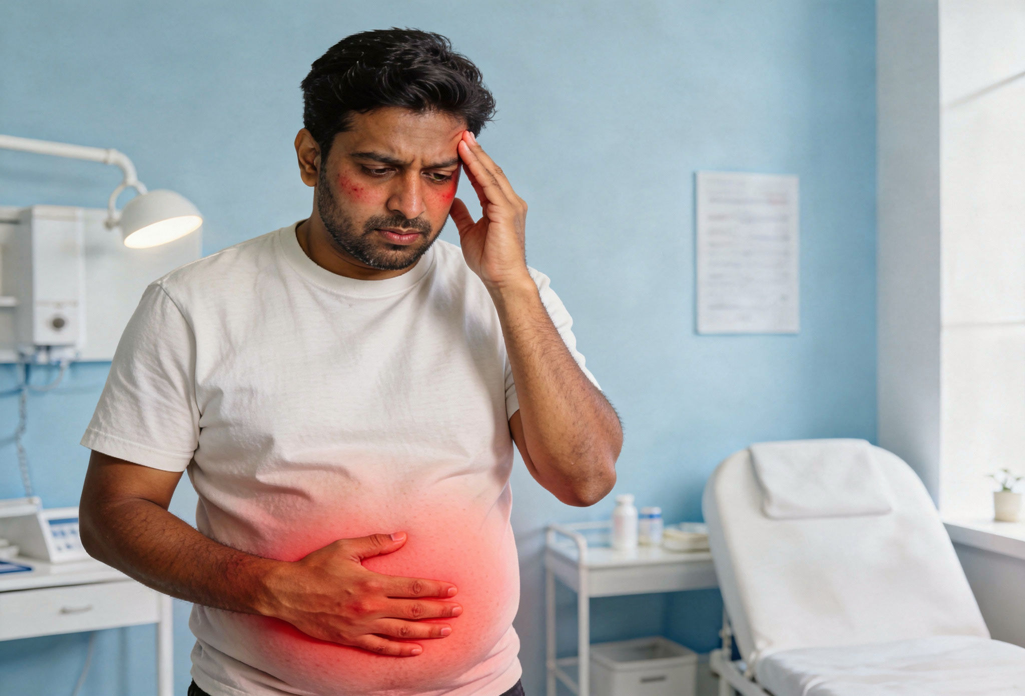 Adult experiencing bloating, flushing, and headache caused by histamine intolerance.