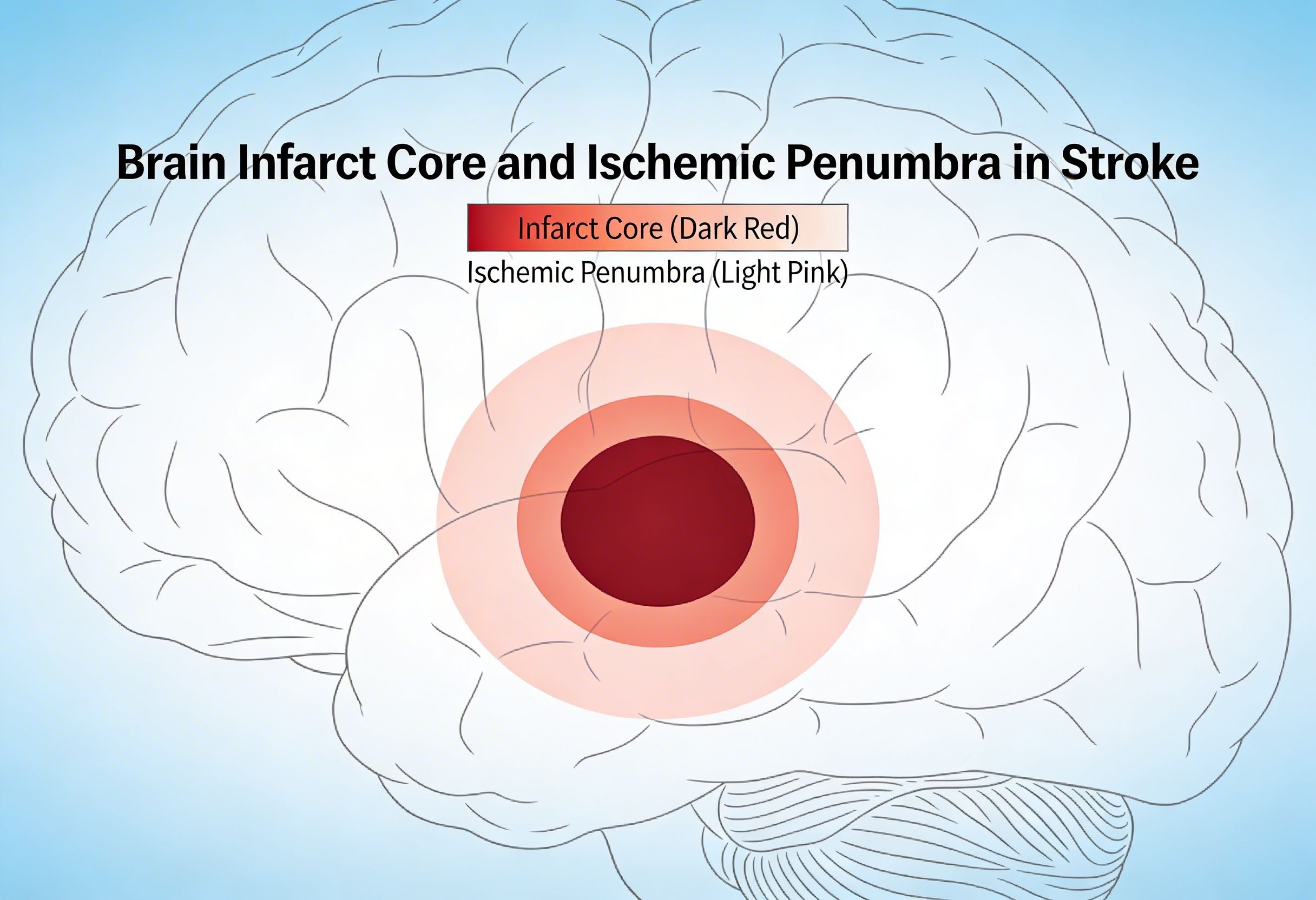 Brain illustration showing infarct core and ischemic penumbra in stroke