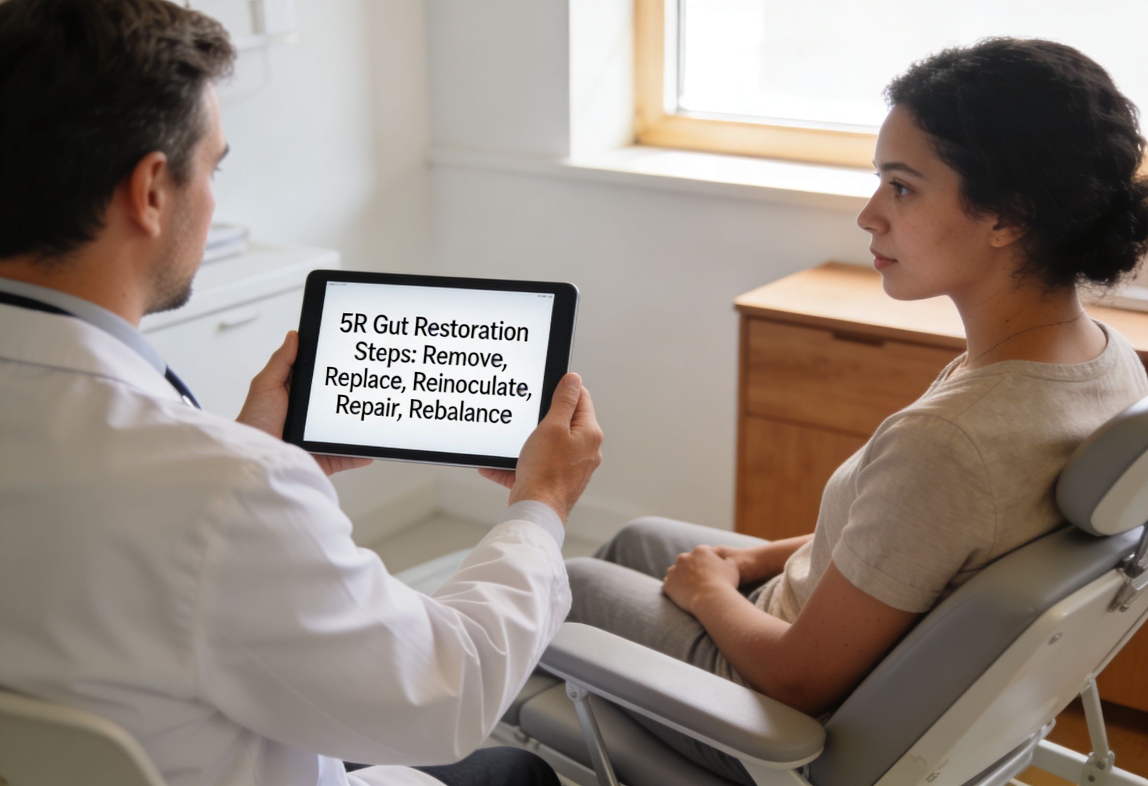 Clinician explaining the 5R gut restoration protocol as part of integrative colon hydrotherapy care.