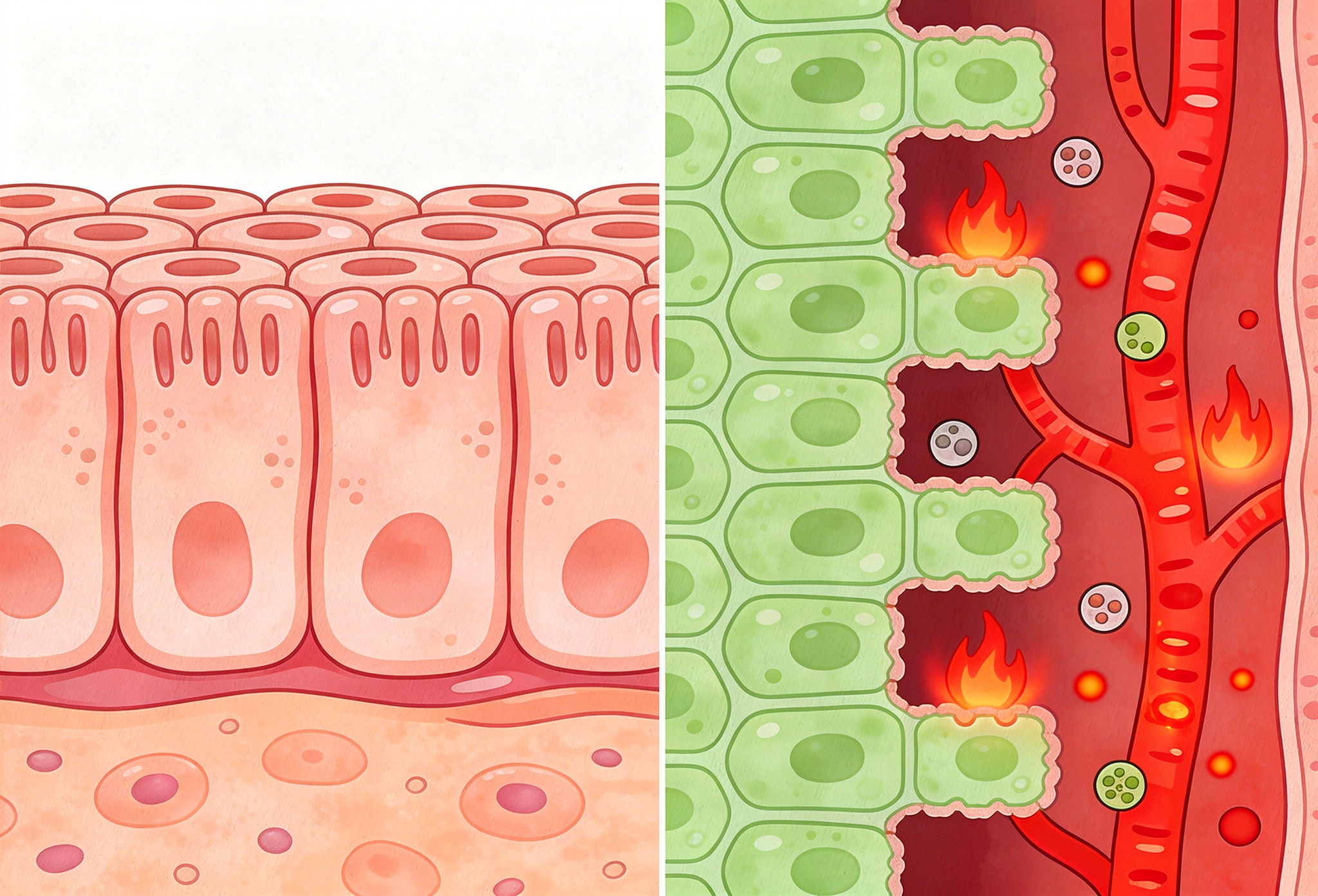 Comparison of healthy gut lining and leaky gut showing increased intestinal permeability and toxin entry.jpeg