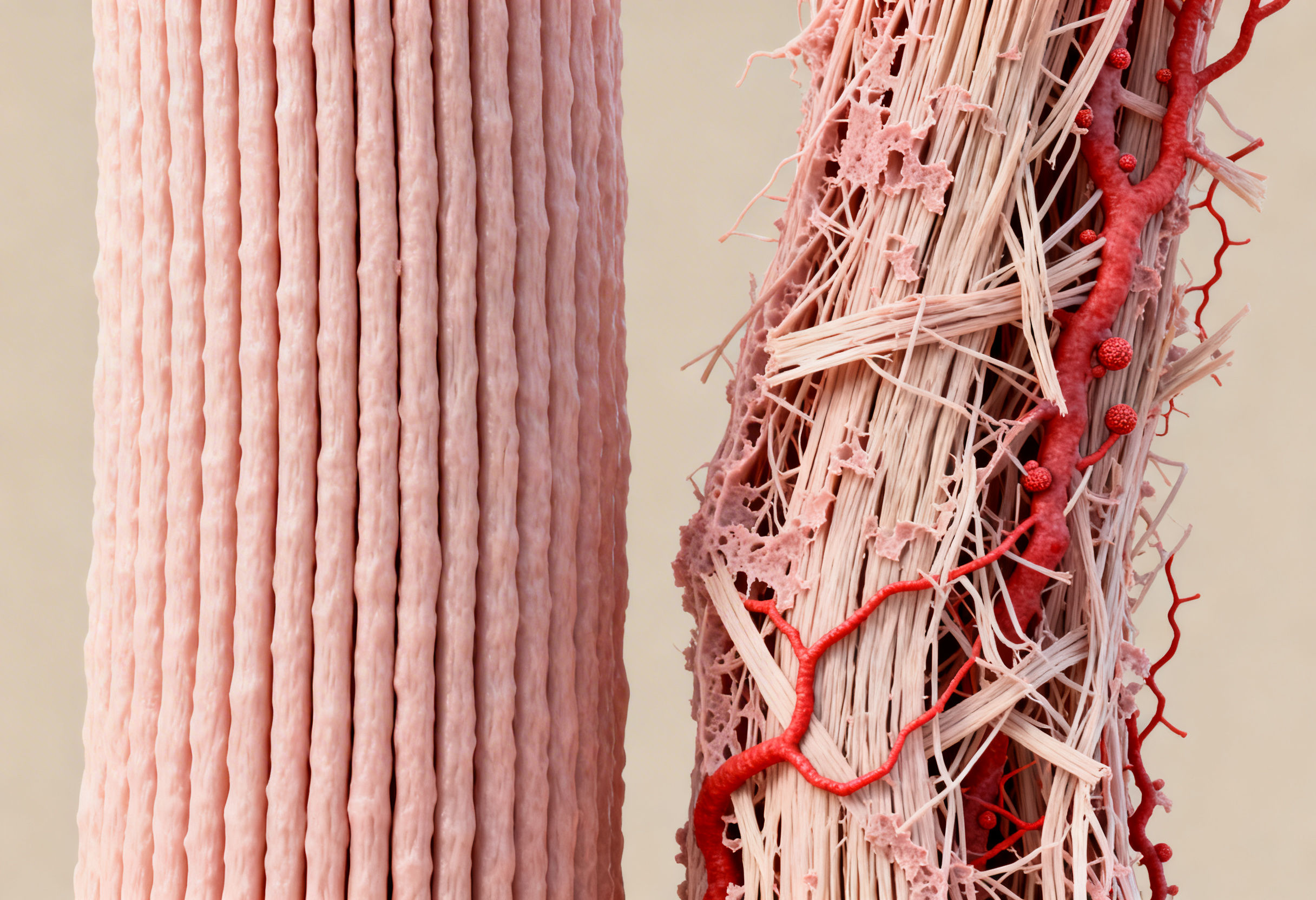 Comparison of healthy tendon fibers and degenerative tendinopathy structure