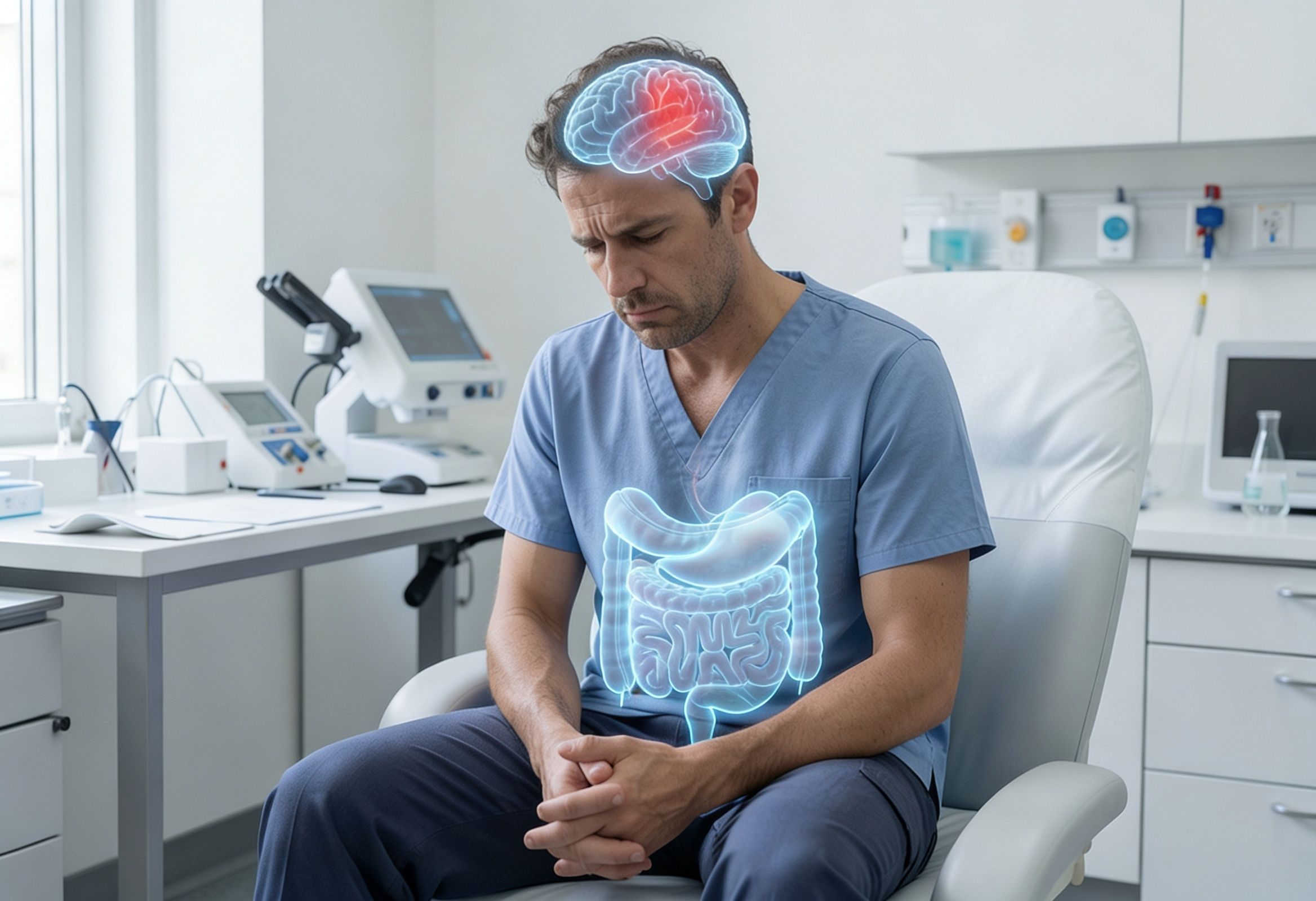 Conceptual image showing how chronic stress affects gut serotonin pathways, mood, and digestion.