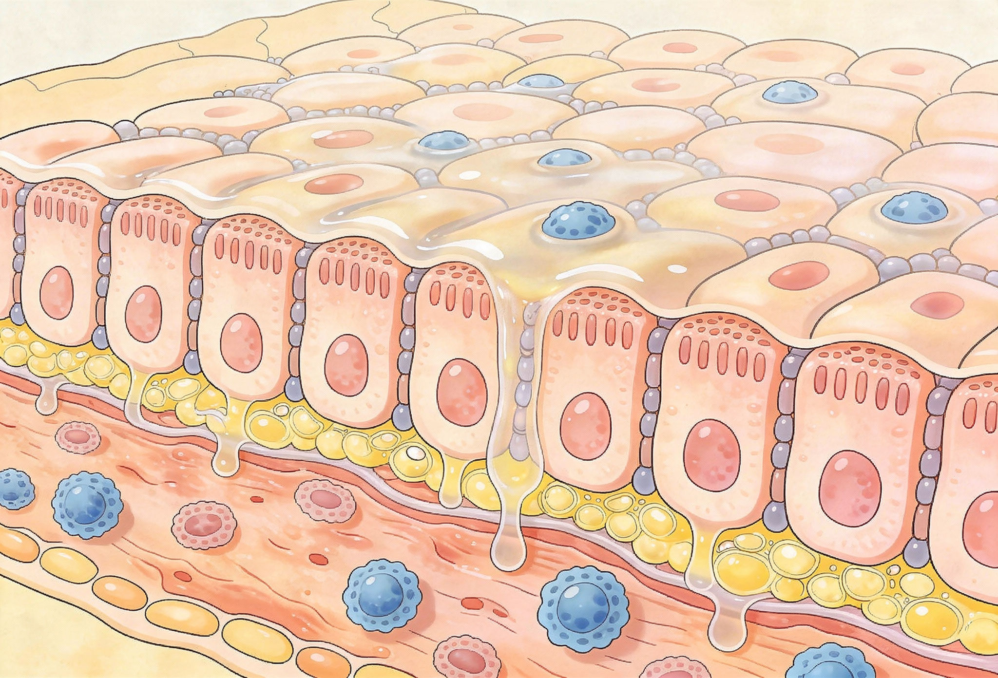Diagram of intestinal lining showing epithelial cells, tight junctions, and gut barrier function.jpeg